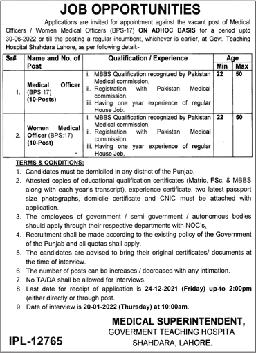 Women / Medical Officer Jobs in Government Teaching Hospital Shahdara Lahore 2021 December Latest