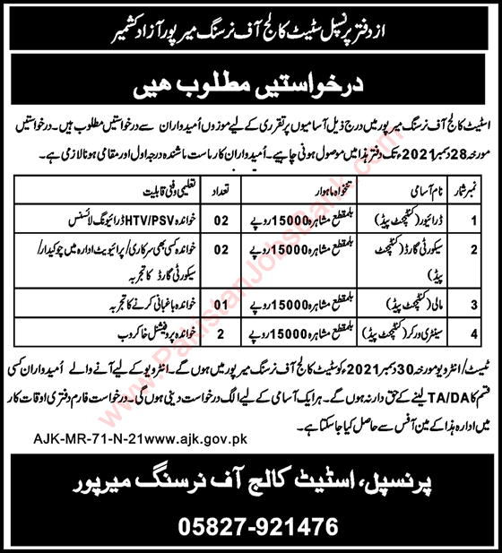 State College of Nursing Mirpur AJK Jobs 2021 December Drivers & Others Latest