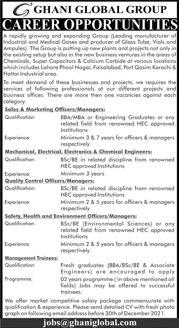 Ghani Global Group Pakistan Jobs 2021 December Management Trainees & Others Latest