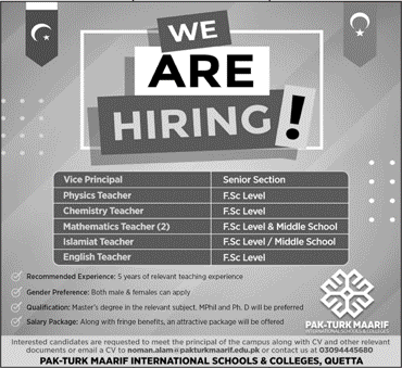 Pak Turk Maarif International Schools and Colleges Quetta Jobs December 2021 Teachers & Others Latest