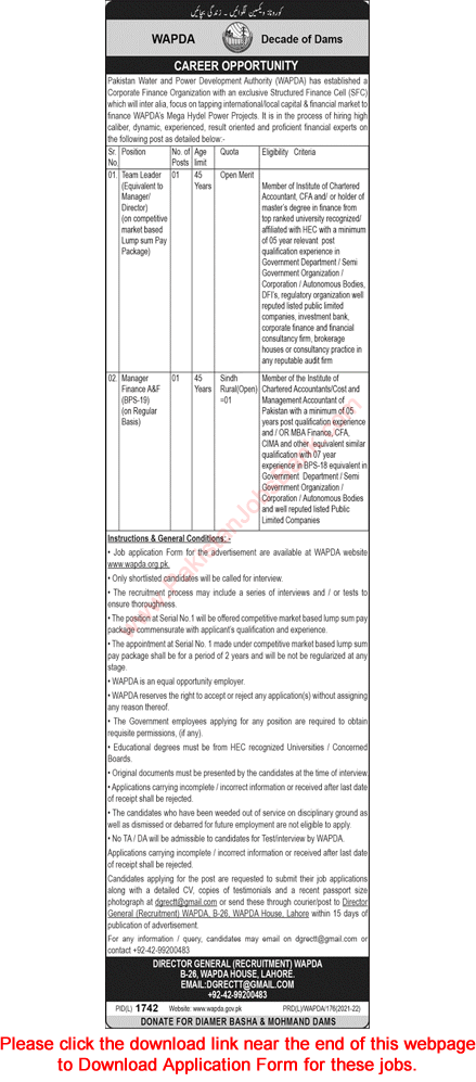 WAPDA Jobs December 2021 Application Form Finance Manager & Team Leader Latest