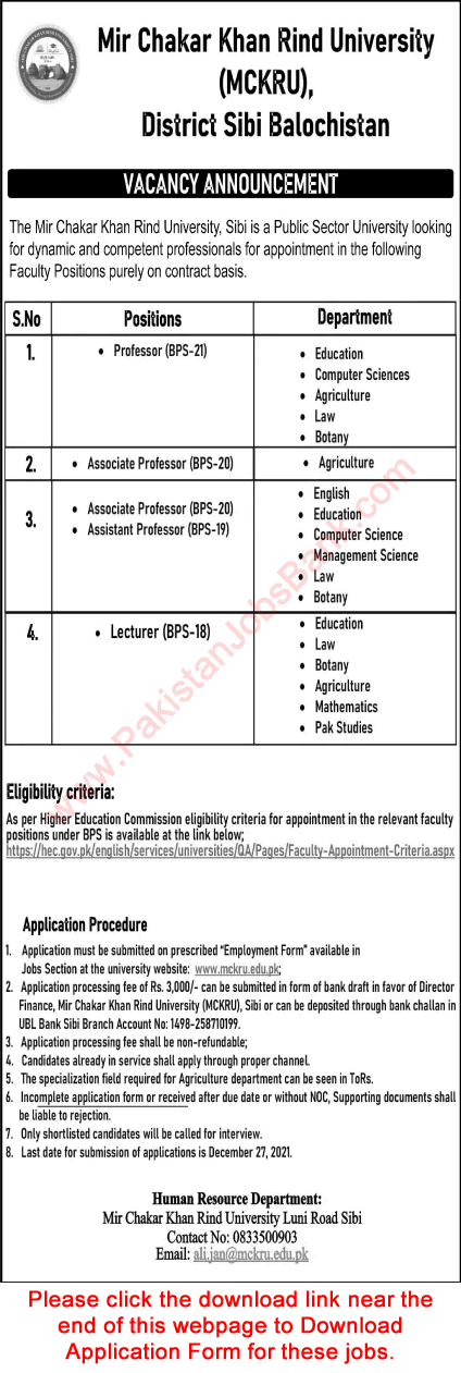 Teaching Faculty Jobs in Mir Chakar Khan Rind University Sibi December 2021 Application Form Latest