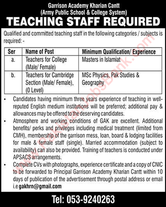 Teaching Jobs in Garrison Academy Kharian Cantt December 2021 APS&C Latest