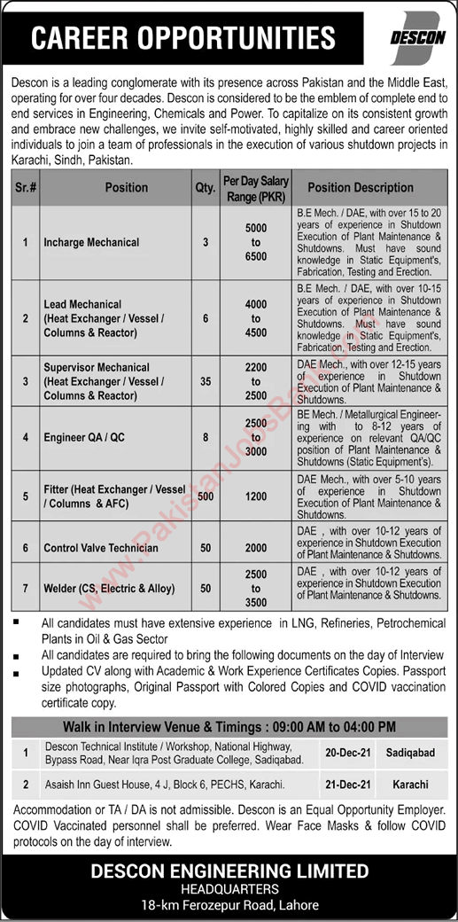 Descon Engineering Limited Jobs December 2021 Fitters, Welders & Others Walk in Interview Latest