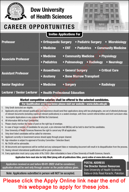 Dow University of Health Sciences Karachi Jobs December 2021 Apply Online Teaching Faculty Latest