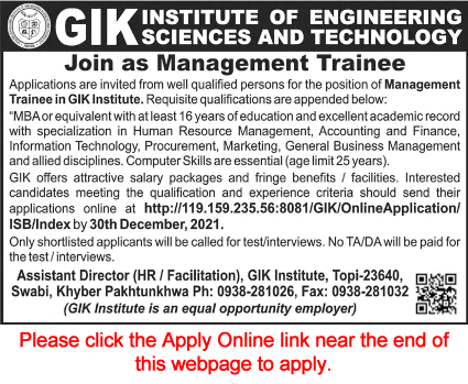 Management Trainee Jobs in GIK Institute of Engineering Science and Technology Swabi December 2021 Apply Online Latest