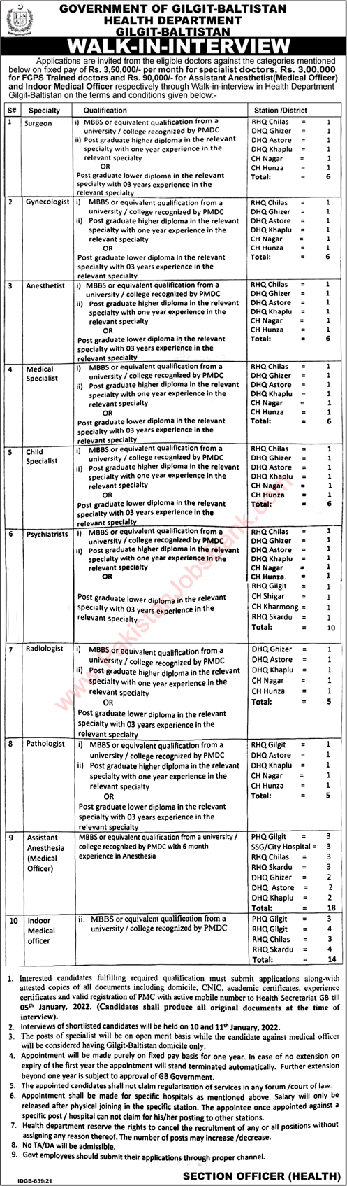 Health Department Gilgit Baltistan Jobs December 2021 Medical Officers & Specialist Doctors Walk in Interview Latest