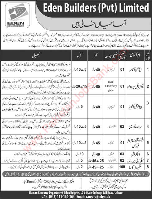 Eden Builders Pvt Ltd Lahore Jobs 2021 December 2022 Security Guards & Others Latest