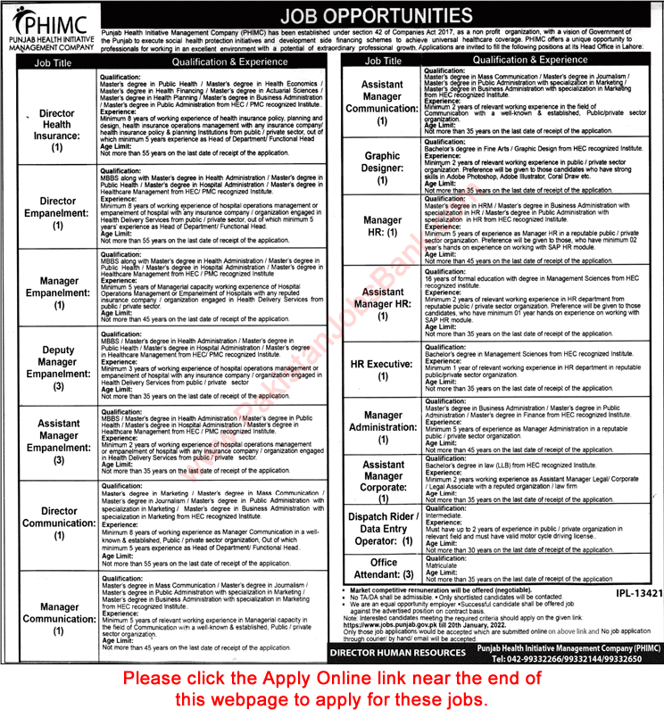 Punjab Health Initiative Management Company Jobs December 2021 / 2022 PHIMC Lahore Apply Online Latest