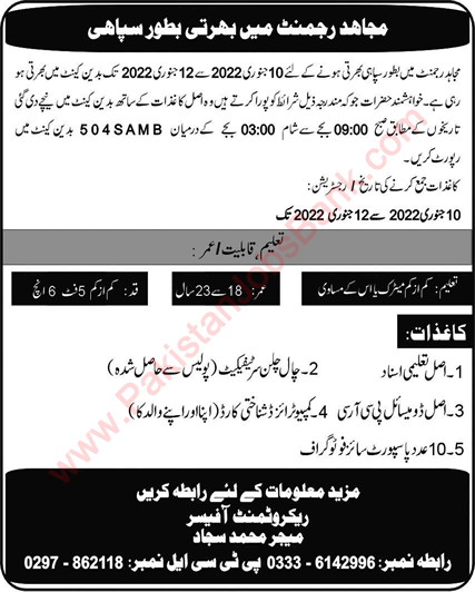 Sipahi Jobs in Mujahid Force 2022 January Pakistan Army Latest