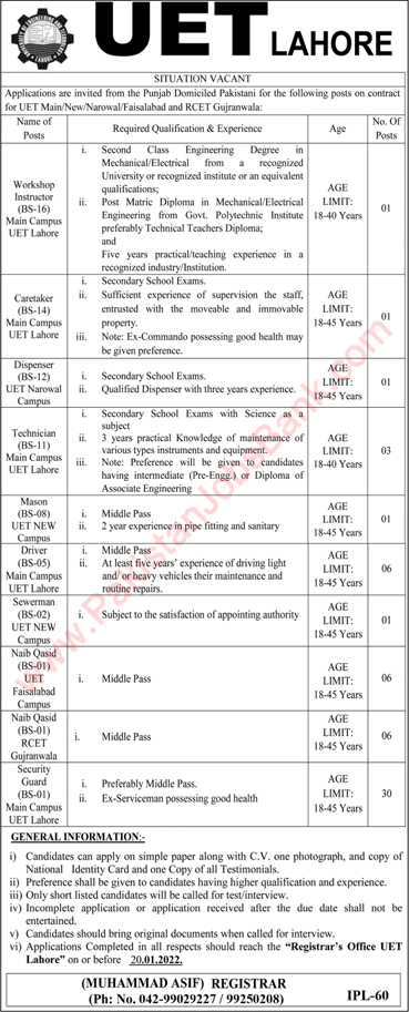 UET Jobs 2022 Security Guards, Naib Qasid & Others University of Engineering and Technology Latest