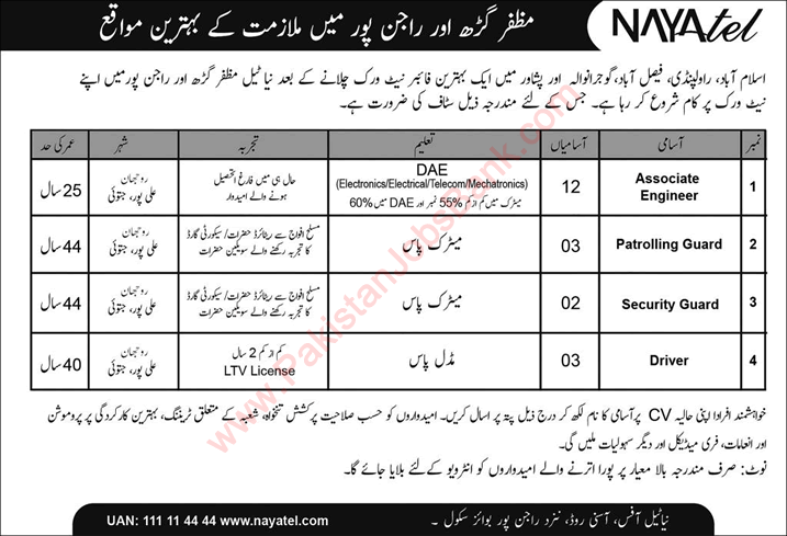 Nayatel Muzaffargarh / Rajanpur Jobs 2022 Associate Engineers, Security Guards & Others Latest