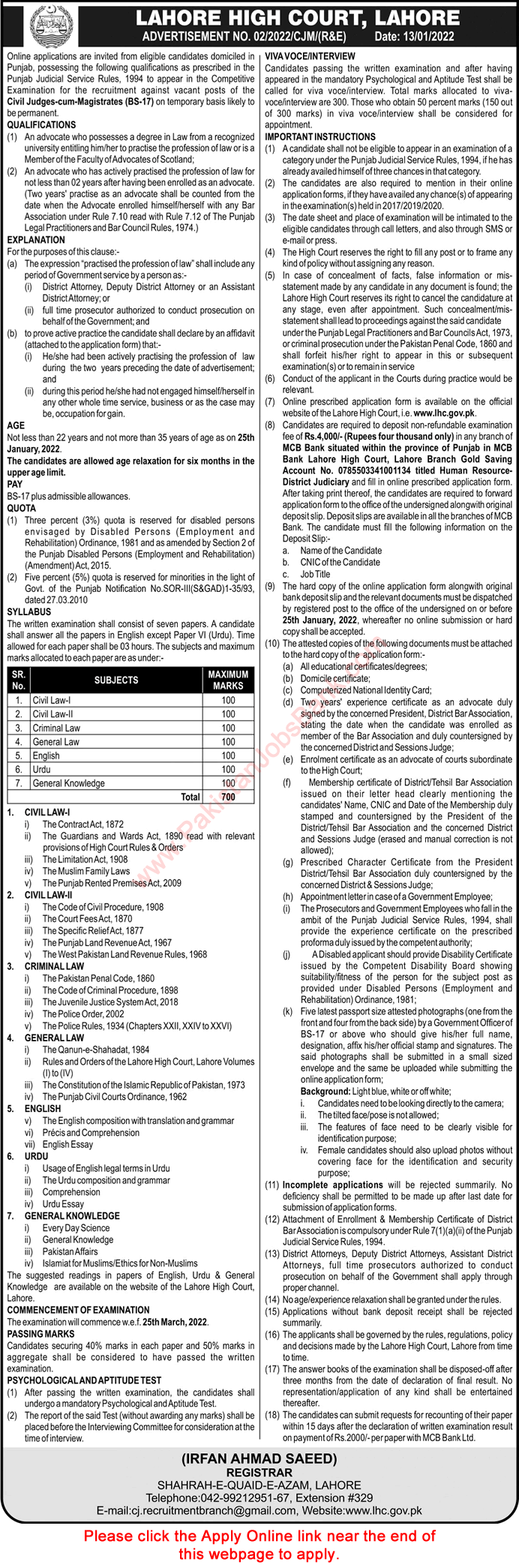 Civil Judges cum Magistrates Jobs in Lahore High Court 2022 Online Apply Latest