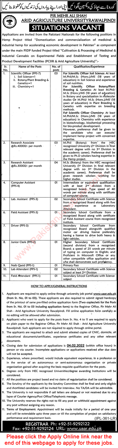 Arid Agriculture University Rawalpindi Jobs 2022 PMAS UAAR Apply Online Latest