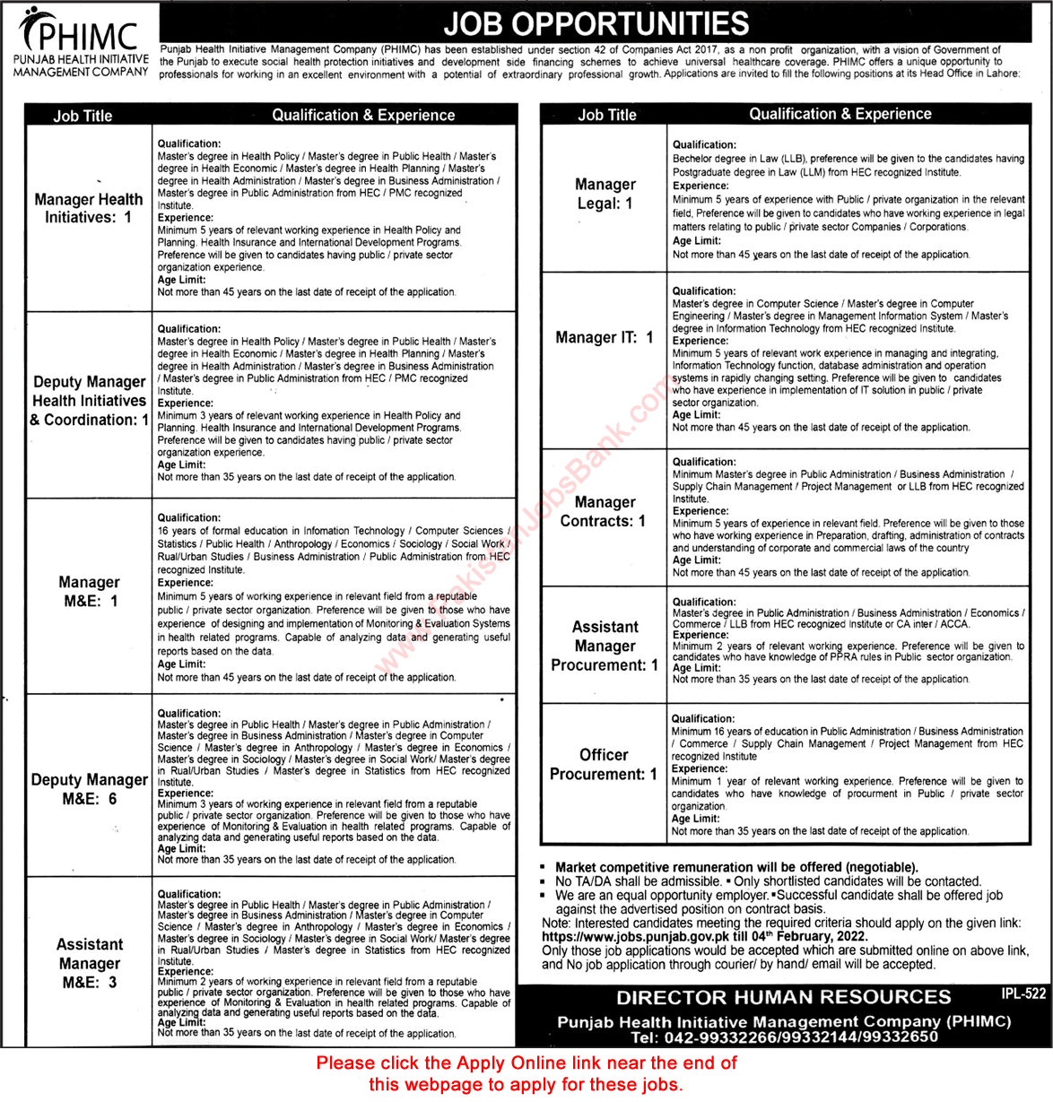 Punjab Health Initiative Management Company Jobs 2022 PHIMC Apply Online Latest