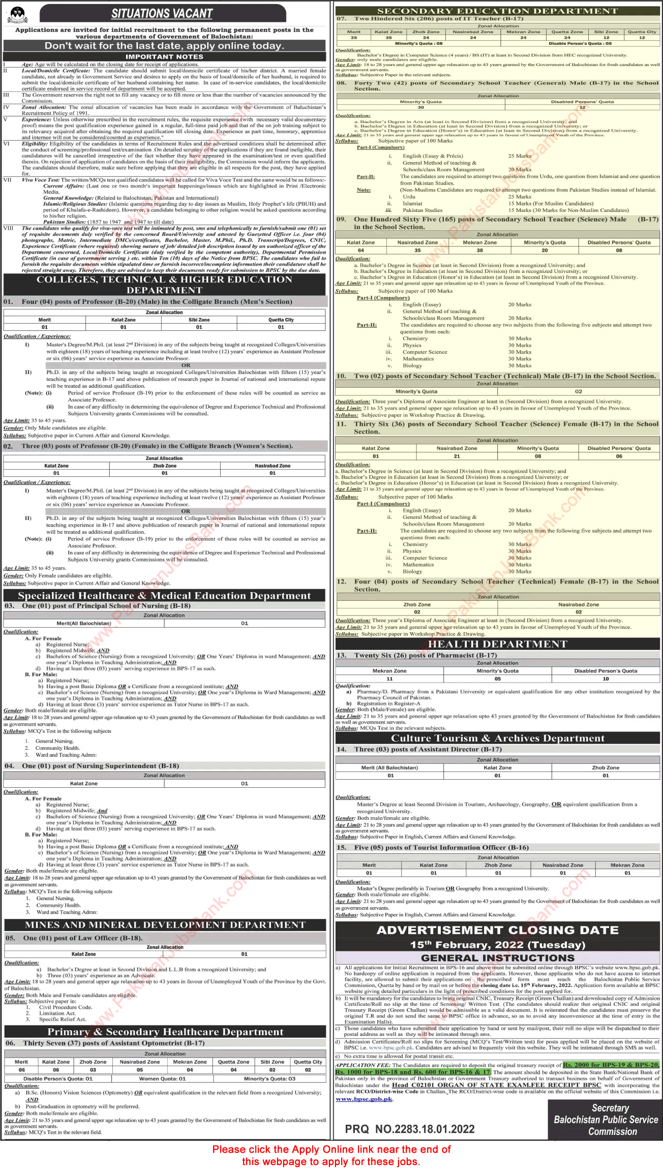 IT / Secondary School Teacher Jobs in Secondary Education Department Balochistan 2022 BPSC Apply Online Latest