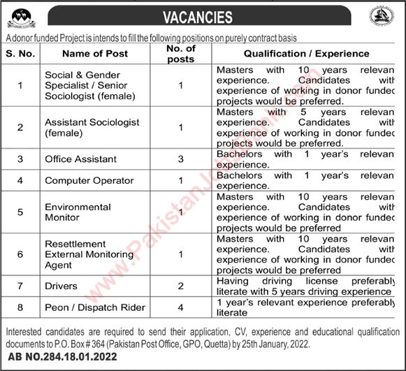 PO Box 364 Quetta Jobs 2022 January Peons, Dispatch Riders & Others Latest