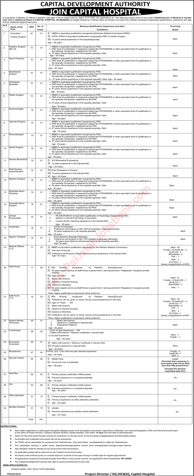 CDA Hospital Islamabad Jobs 2022 Medical Officers & Others Capital Development Authority Latest