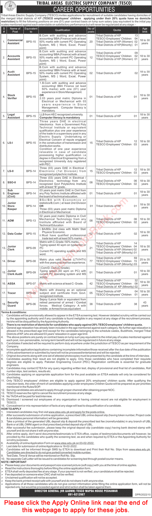 TESCO Jobs 2022 ETEA Apply Online Drivers, Commercial Assistants & Others Tribal Areas Electric Supply Company WAPDA KPK Latest