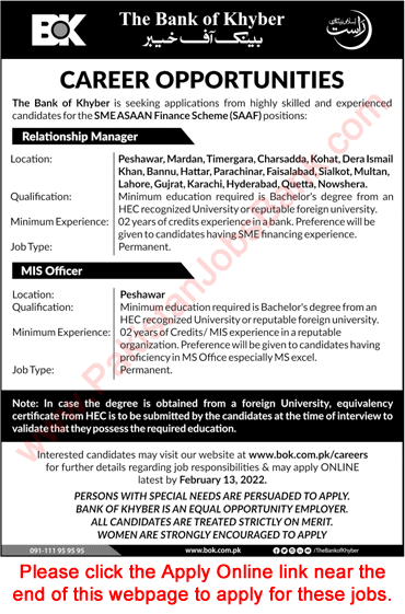 Bank of Khyber Jobs 2022 January / February BOK Apply Online Relationship Managers & MIS Officer Latest