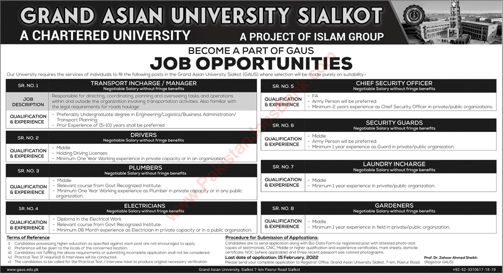 Grand Asian University Sialkot Jobs 2022 January Drivers, Security Guards & Others Latest