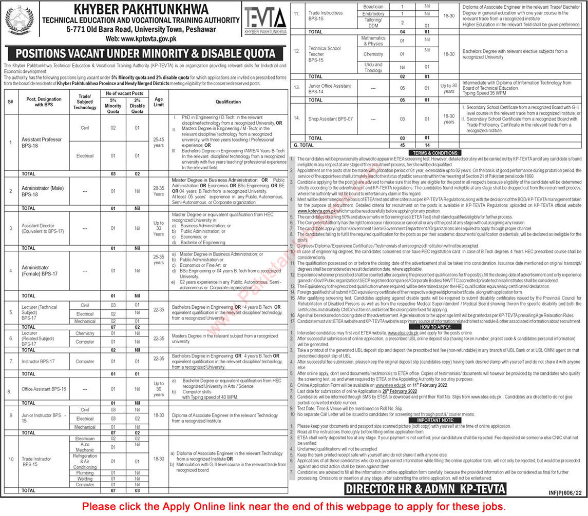 TEVTA KPK Jobs 2022 ETEA Apply Online Instructors & Others Technical Education and Vocational Training Authority Latest