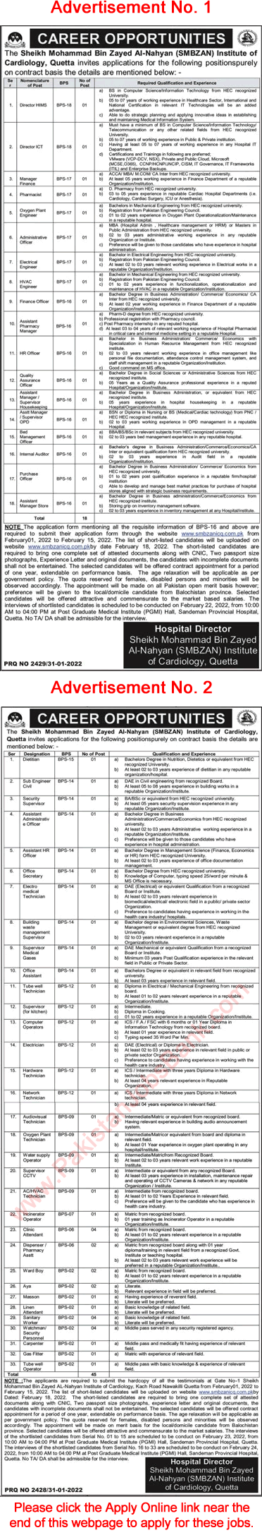 Sheikh Mohammed Bin Zayed Al Nahyan Institute of Cardiology Quetta Jobs 2022 February Online Apply SMBZAN Latest