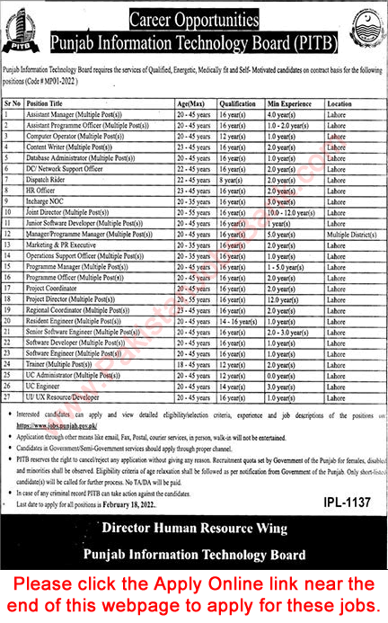 PITB Jobs 2022 February Apply Online Punjab Information Technology Board Latest