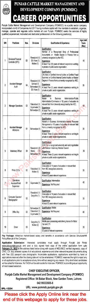 Punjab Cattle Market Management and Development Company Jobs 2022 February PCMMDC Apply Online Latest