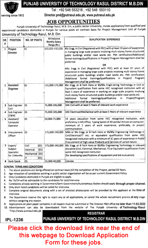 Punjab University of Technology Rasul Mandi Bahauddin Jobs 2022 February Application Form Latest