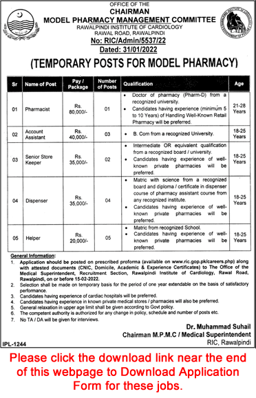 Rawalpindi Institute of Cardiology Jobs 2022 February RIC Application Form Model Pharmacy Latest