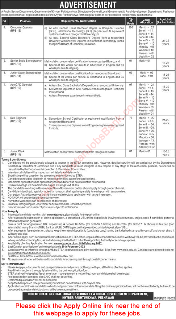 Local Government and Rural Development Department Peshawar Jobs 2022 February ETEA Apply Online Latest
