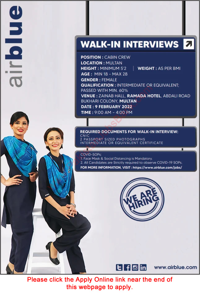Airhostess Jobs in Air Blue 2022 February Apply Online Female Cabin Crew Walk in Interviews Latest