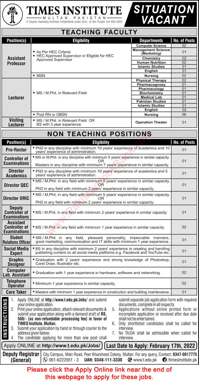 Times Institute Multan Jobs 2022 February Apply Online Teaching Faculty & Others Latest