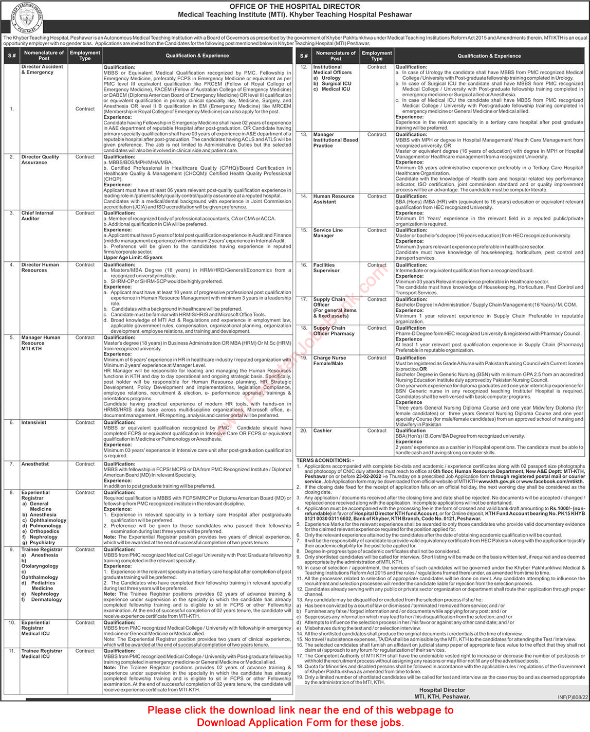 Khyber Teaching Hospital Peshawar Jobs 2022 February MTI KTH Application Form Latest