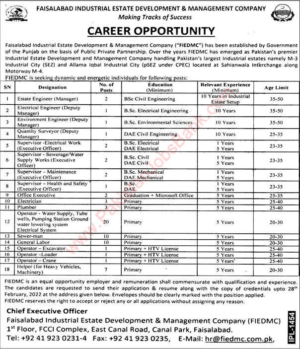 FIEDMC Jobs 2022 February Faisalabad Industrial Estate Development and Management Company Latest