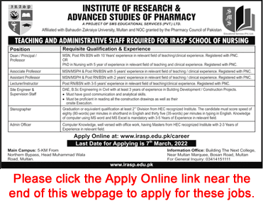 IRASP School of Nursing Multan Jobs 2022 February Apply Online Teaching Faculty & Others Latest