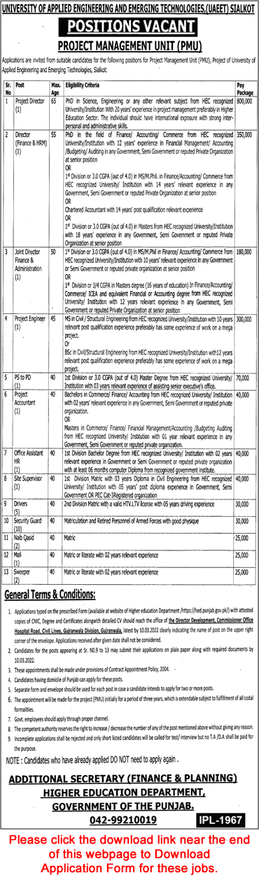 University of Applied Engineering and Emerging Technologies Sialkot Jobs February 2022 UAEET Application Form Download Latest