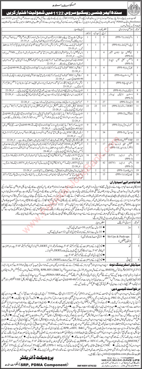 Emergency Service Rescue 1122 Sindh Jobs 2022 February / March DERT Rescuers, Drivers & Others Latest