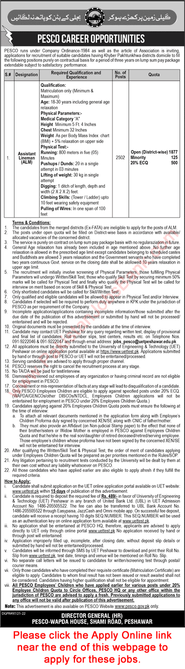 Assistant Lineman Jobs in PESCO 2022 March Apply Online WAPDA Peshawar Electric Supply Company Latest
