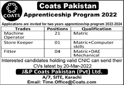 Coats Pakistan Apprenticeship Program 2022 March Latest