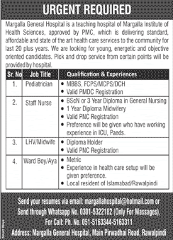 Margalla General Hospital Rawalpindi Jobs 2022 March Staff Nurse, LHV, Midwife & Others Latest