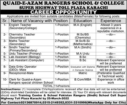 Quaid e Azam Rangers School and College Karachi Jobs 2022 March Teachers & Others Latest