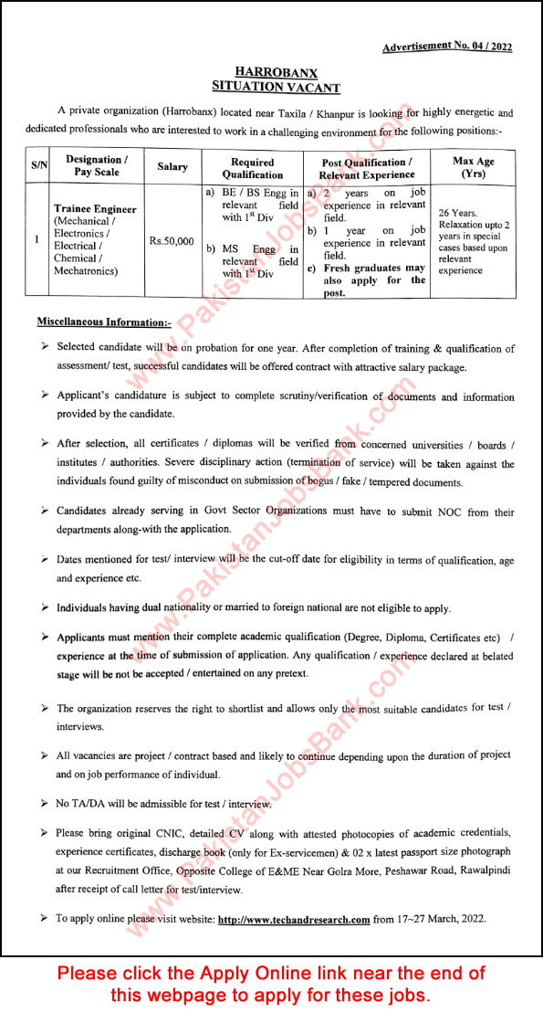 Trainee Engineer Jobs in www.techandresearch.com 2022 March Apply Online NESCOM Harrobanx Taxila / Khanpur Latest