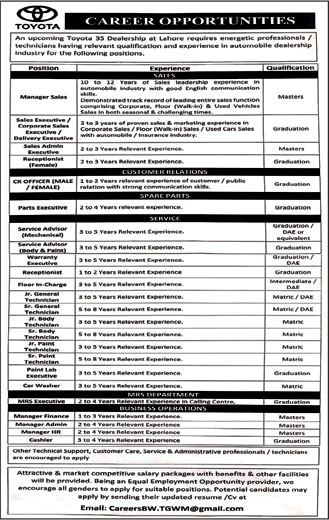 Toyota Motors Lahore Jobs March 2022 Technicians, Managers & Others Latest