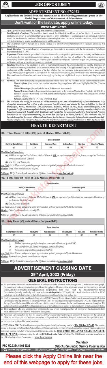 Health Department Balochistan Jobs April 2022 Medical Officers & Dental Surgeons BPSC Apply Online Latest