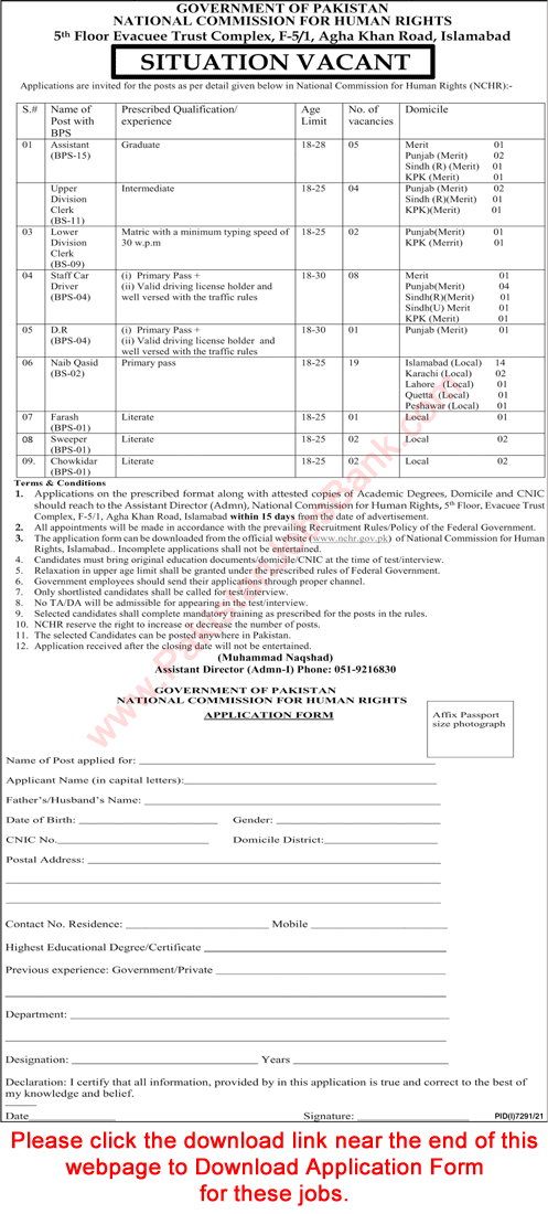 National Commission for Human Rights Islamabad Jobs 2022 April NCHR Application Form Naib Qasid & Others Latest