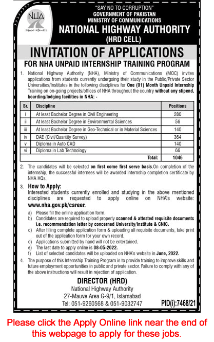 National Highway Authority Internship Program April 2022 NHA Apply Online Latest