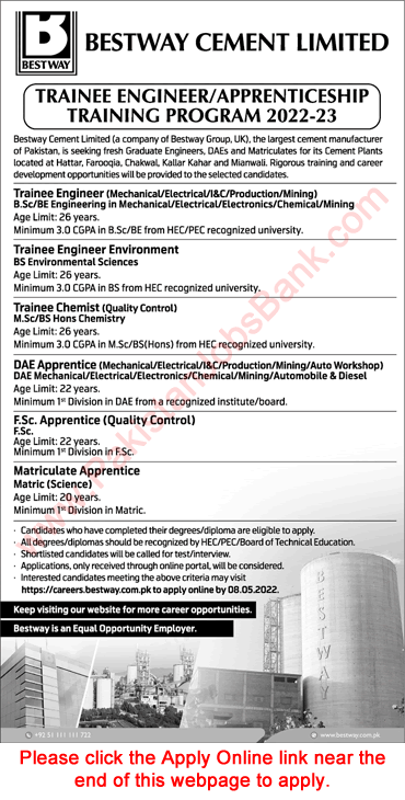 Bestway Cement Jobs April 2022 Apply Online Trainee Engineers & Others Apprenticeship Training Program 2022-23 Latest