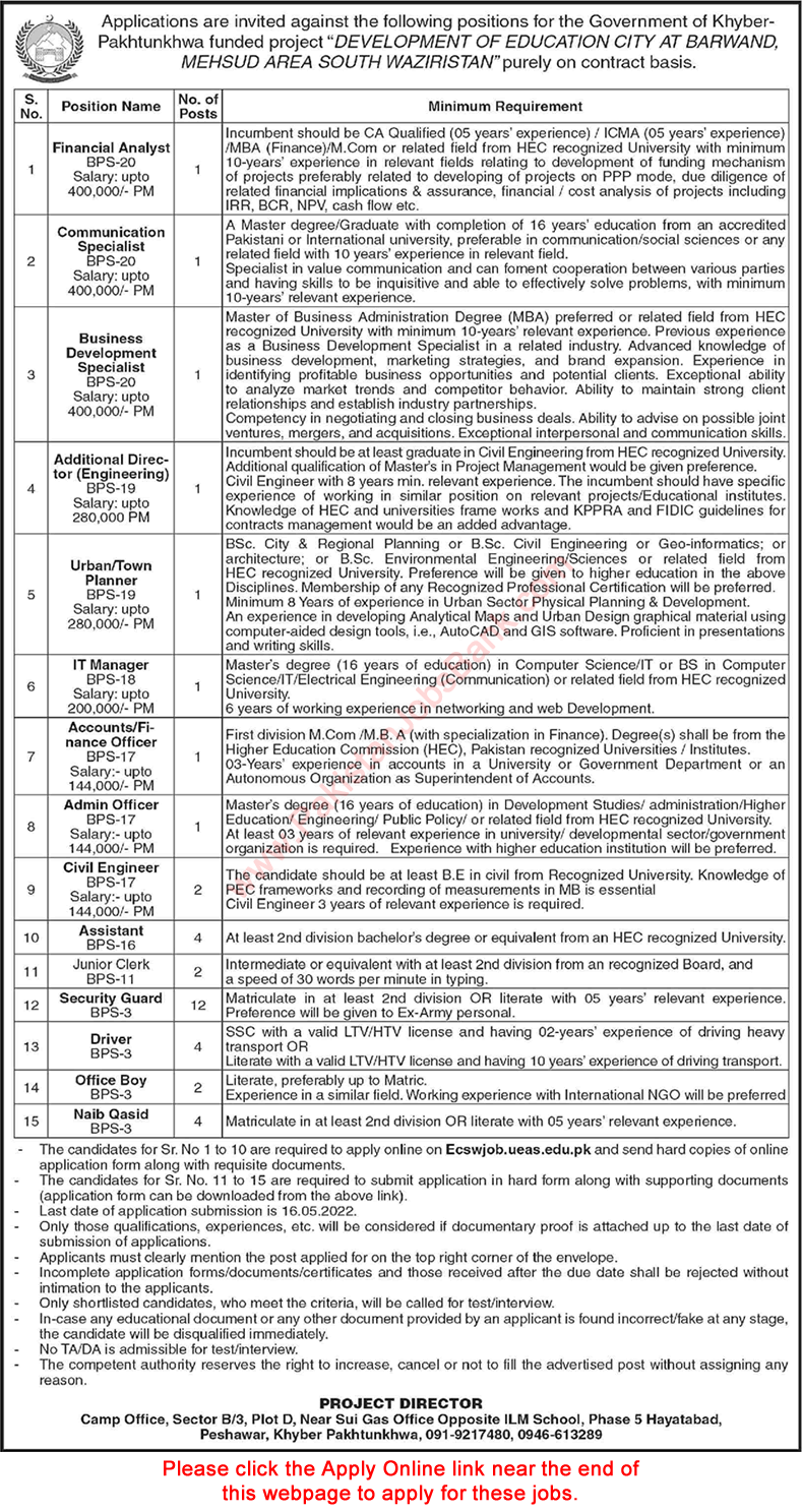 Development of Education City Project KPK Jobs 2022 April Apply Online Barwand Mehsud Area South Waziristan Latest